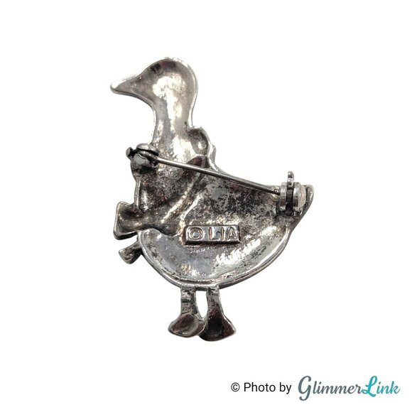 Vintage Lia Duck Brooch – White Enamel Goose Pin with Red Bow & Marcasite Accent - Picture 5 of 6